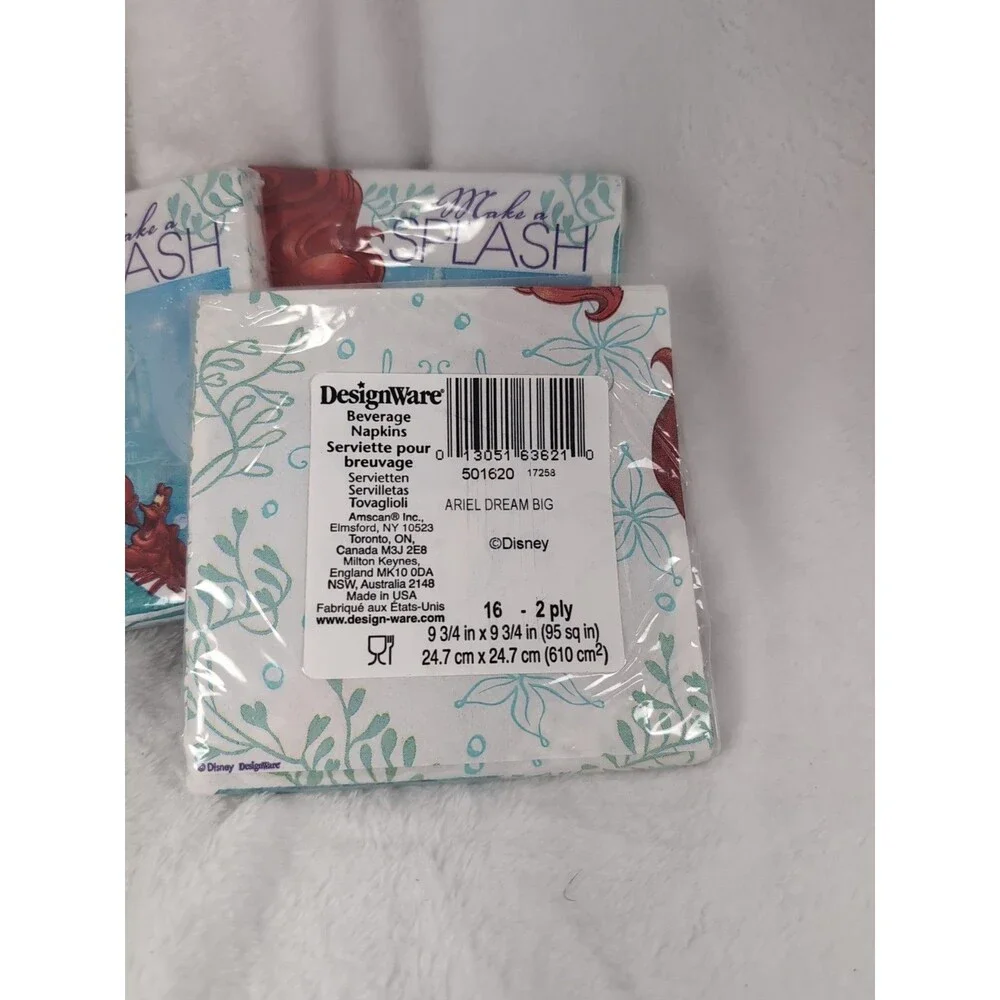 Lot Of 3 Disney Ariel Make A Splash Napkins 16ct Per Package - Designware